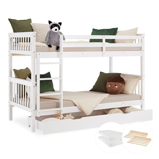 Etagenbett 90x200 cm Weiß | Kinderbett mit Matratze | mit Bettkasten | mit Lattenrost | Rausfallschutz | Umbaubar | massiv