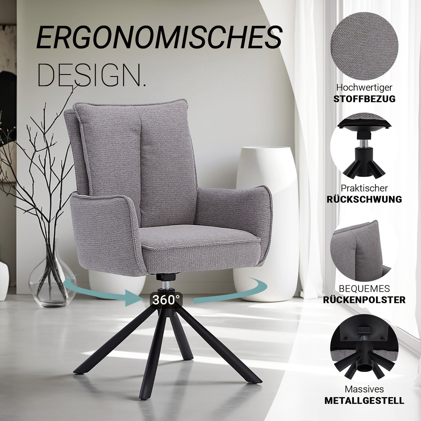 Polsterstuhl Stoff Grau | 4er-Set | drehbar | mit Armlehnen | Küche Esszimmer Büro