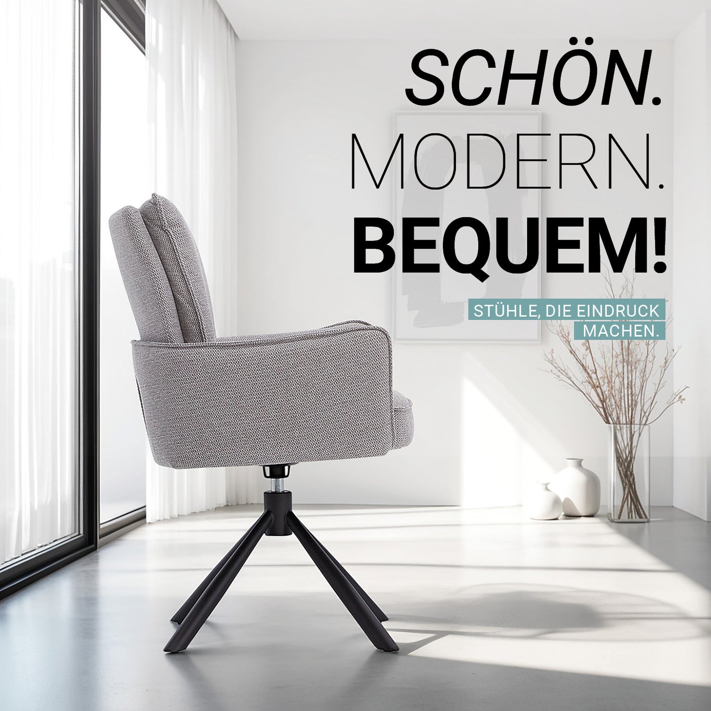 Polsterstuhl Stoff Grau | 4er-Set | drehbar | mit Armlehnen | Küche Esszimmer Büro