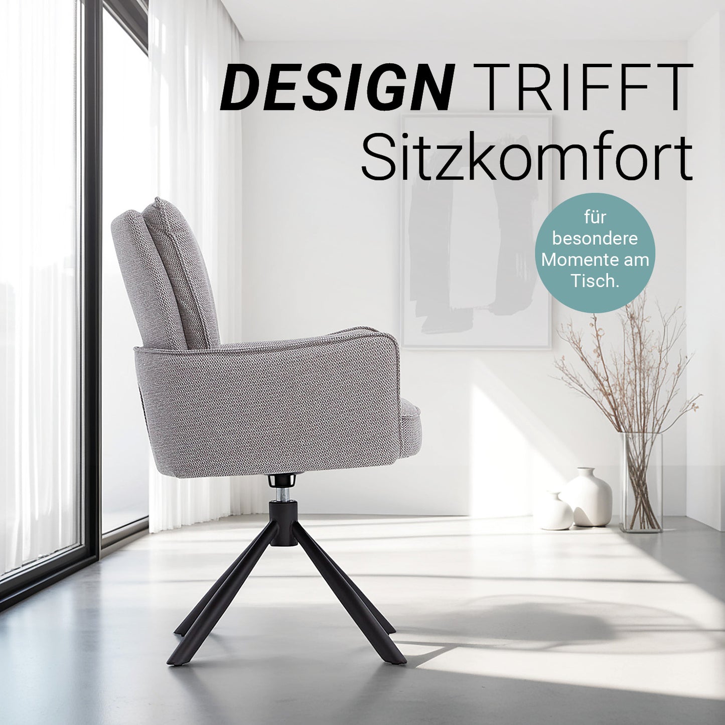 Polsterstuhl Stoff Grau | 4er-Set | drehbar | mit Armlehnen | Küche Esszimmer Büro