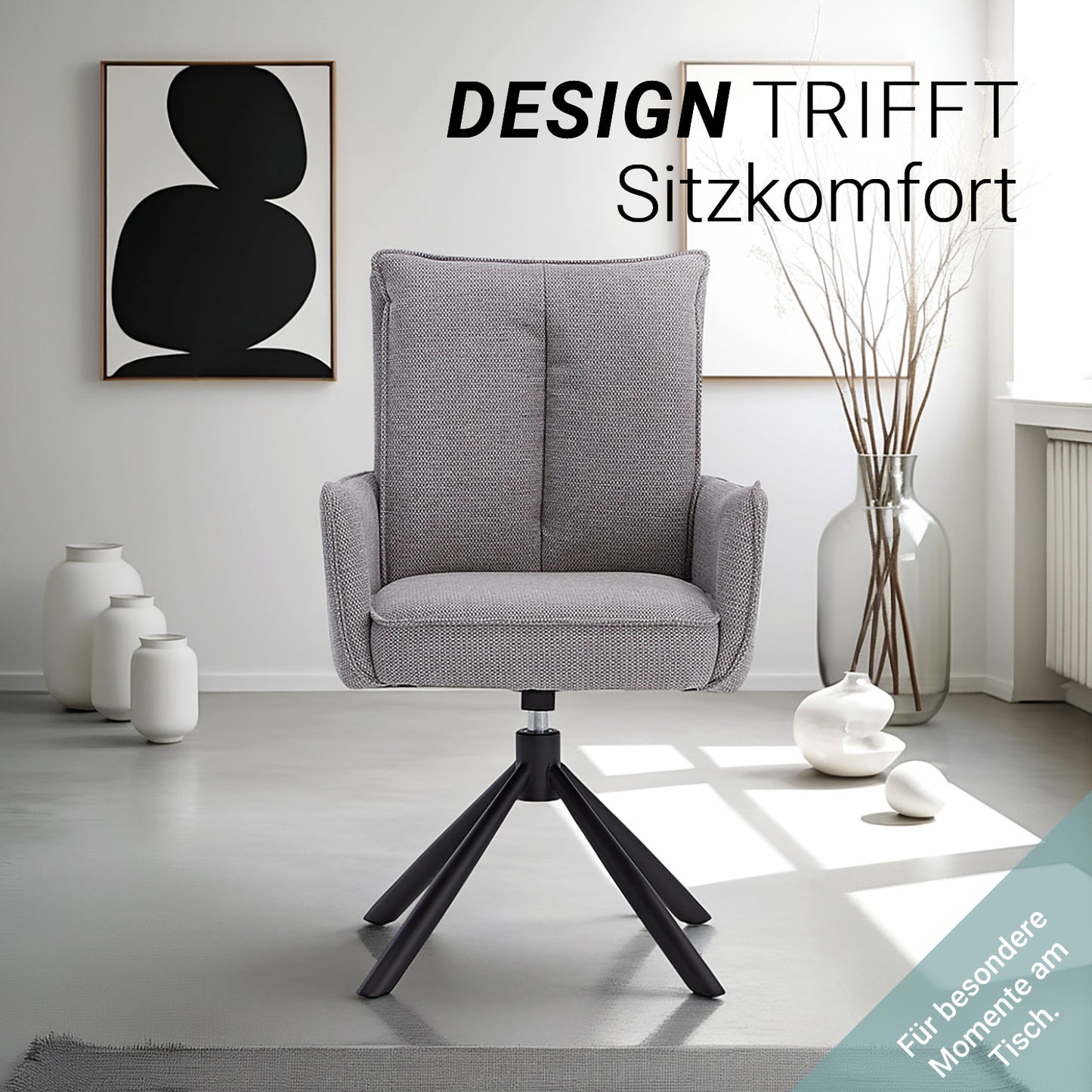 Polsterstuhl Stoff Grau | 4er-Set | drehbar | mit Armlehnen | Küche Esszimmer Büro