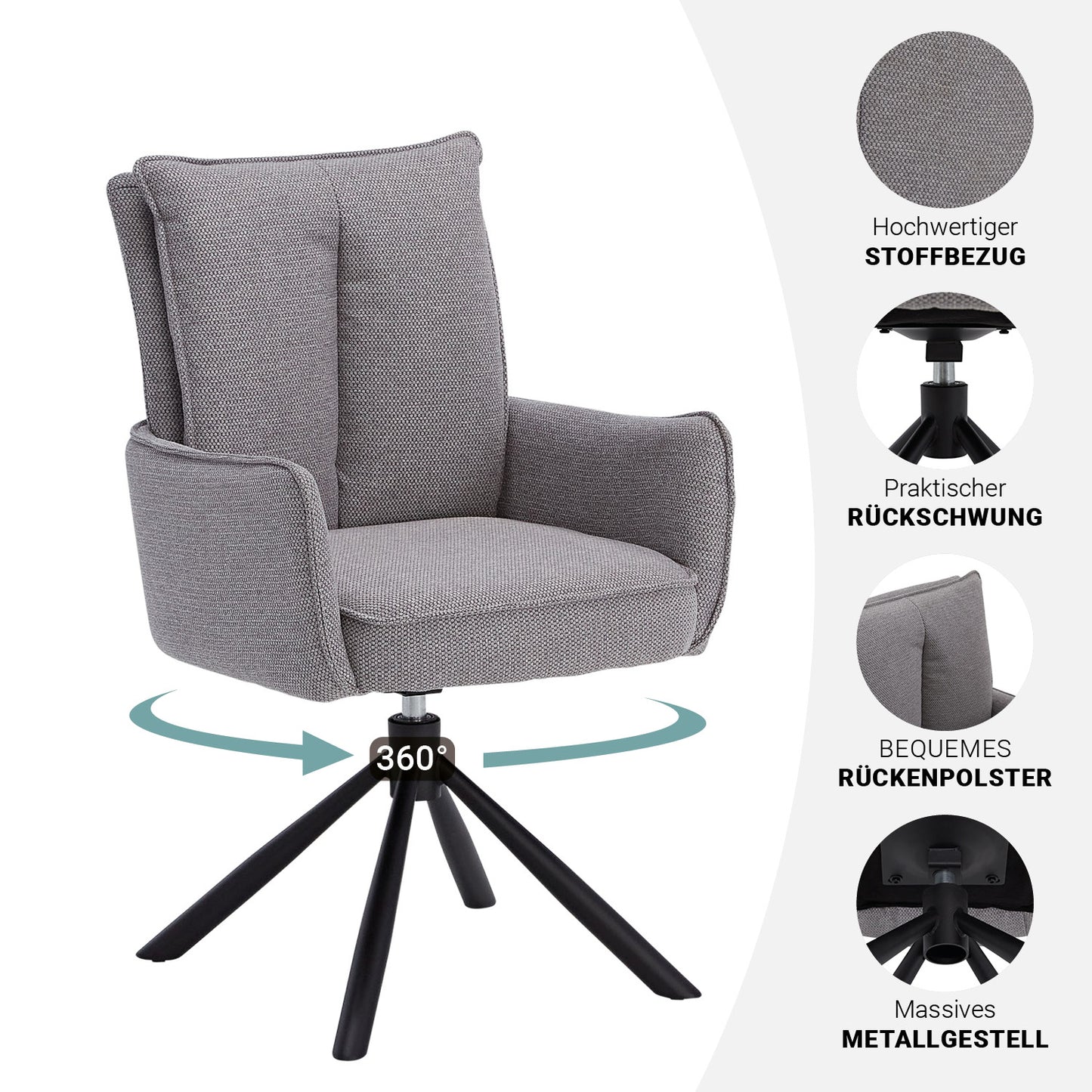 Polsterstuhl Stoff Grau | 4er-Set | drehbar | mit Armlehnen | Küche Esszimmer Büro