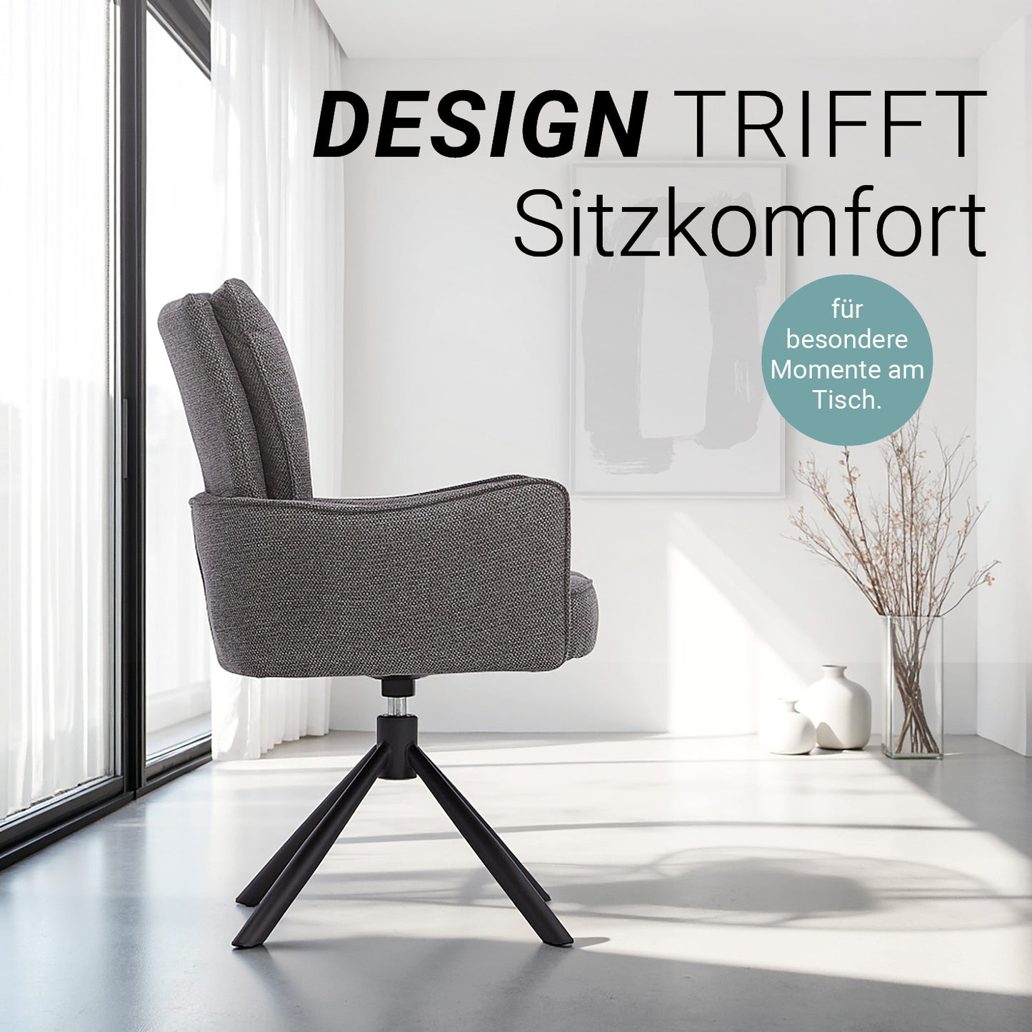Polsterstuhl Stoff Anthrazit | 4er-Set | drehbar | mit Armlehnen | Küche Esszimmer Büro