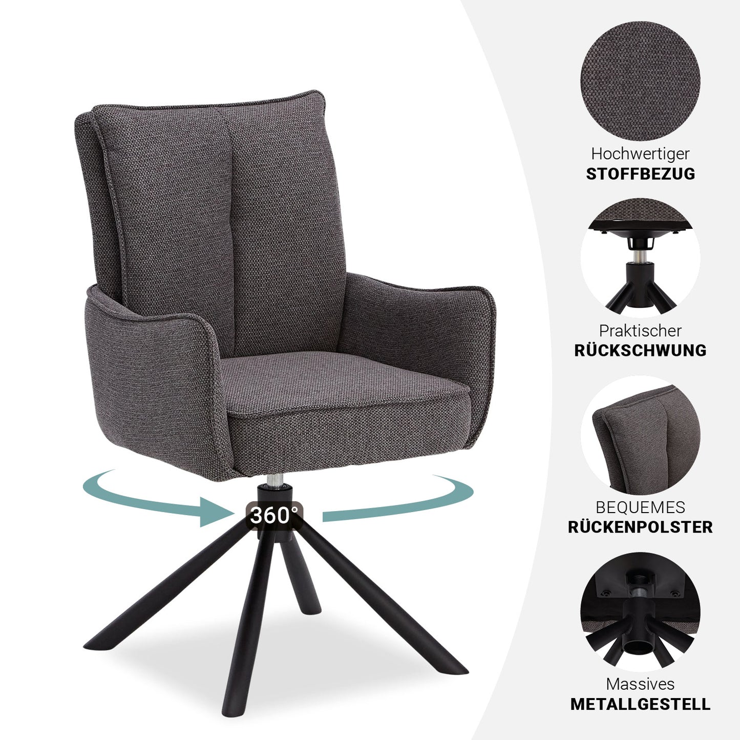Polsterstuhl Stoff Anthrazit | 4er-Set | drehbar | mit Armlehnen | Küche Esszimmer Büro