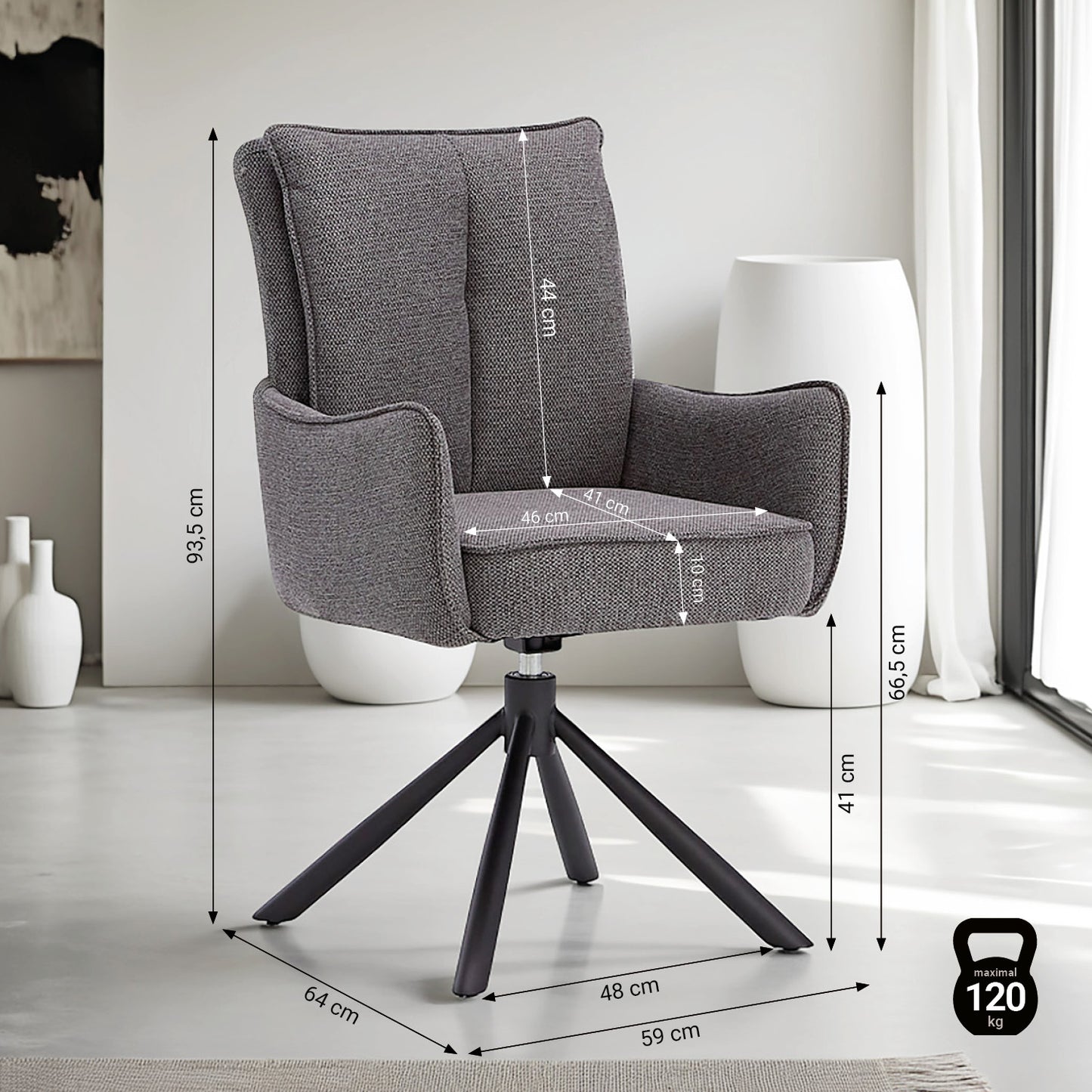 Polsterstuhl Stoff Anthrazit | 6er-Set | drehbar | mit Armlehnen | Küche Esszimmer Büro