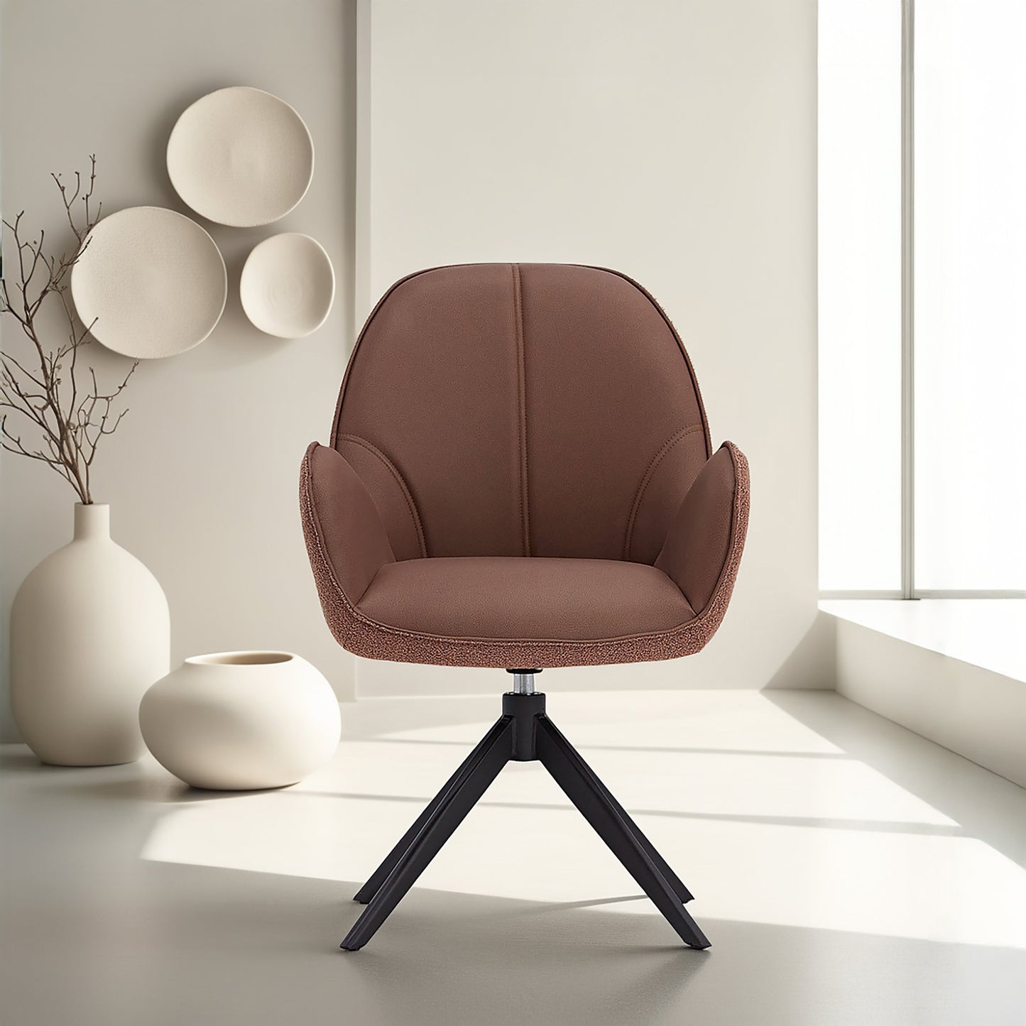 6er Set Polsterstuhl Bouclé Leder drehbar Braun