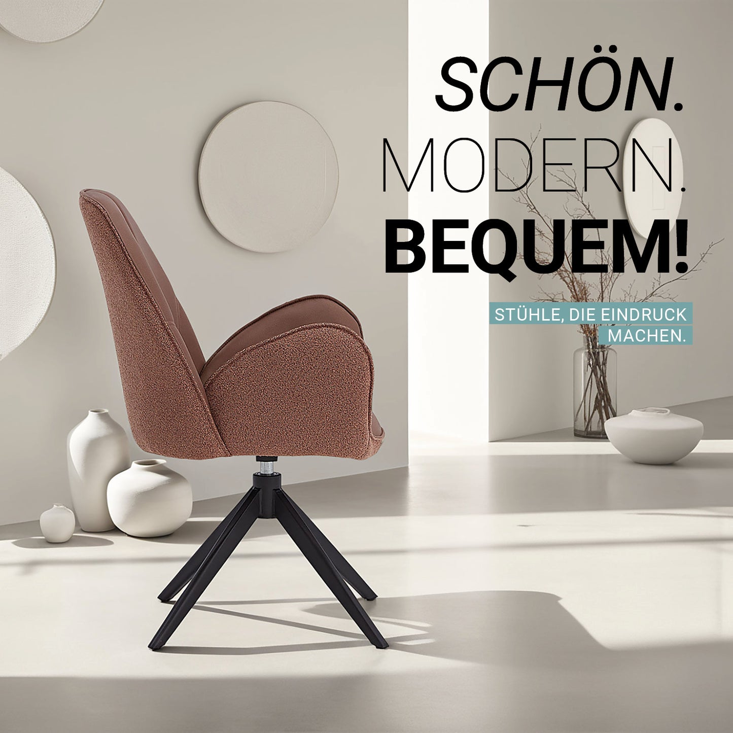 6er Set Polsterstuhl Bouclé Leder drehbar Braun