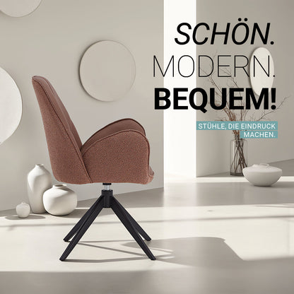 6er Set Polsterstuhl Bouclé Leder drehbar Braun