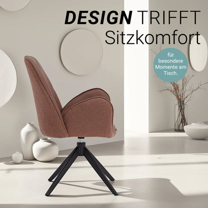 6er Set Polsterstuhl Bouclé Leder drehbar Braun