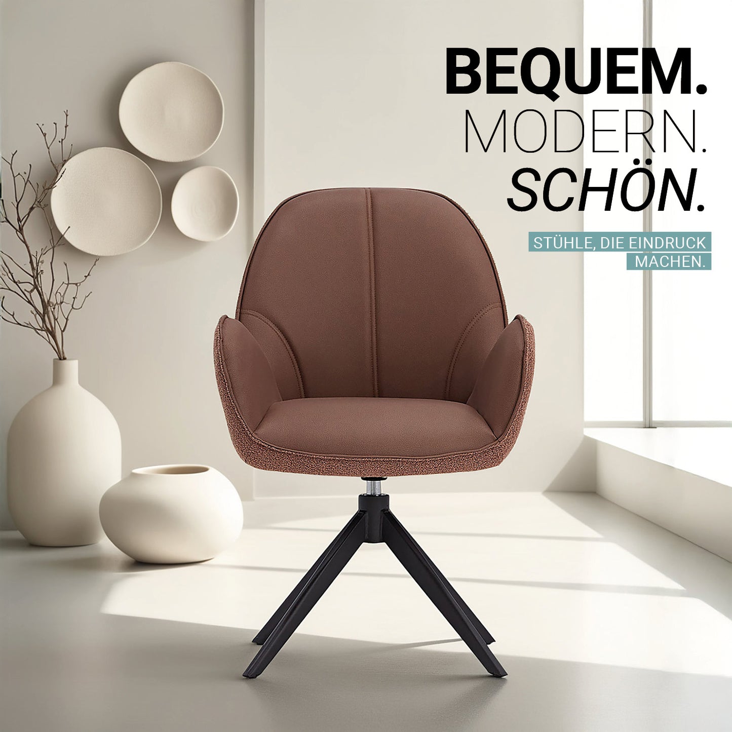 6er Set Polsterstuhl Bouclé Leder drehbar Braun