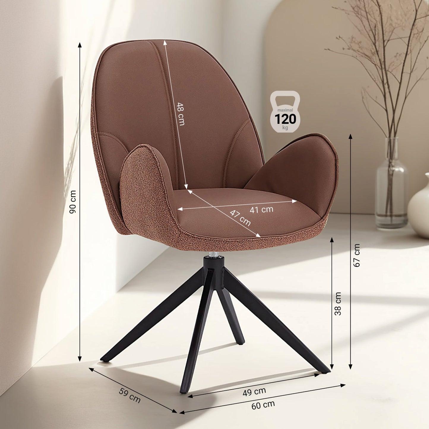 6er Set Polsterstuhl Bouclé Leder drehbar Braun