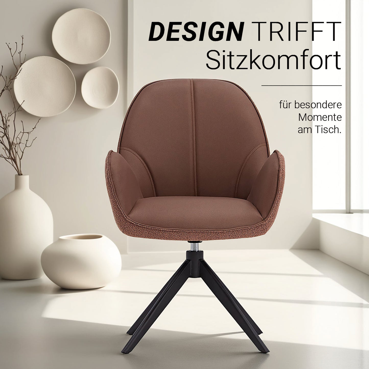 6er Set Polsterstuhl Bouclé Leder drehbar Braun