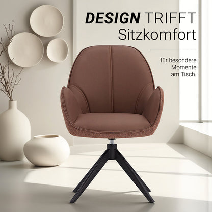 6er Set Polsterstuhl Bouclé Leder drehbar Braun