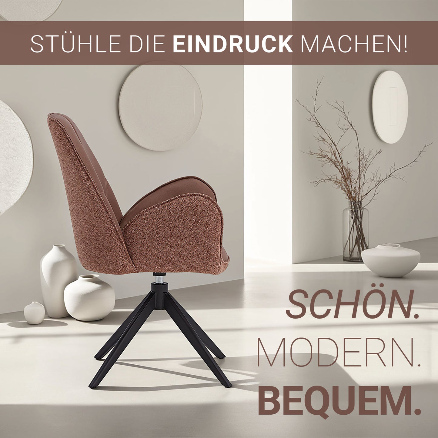 6er Set Polsterstuhl Bouclé Leder drehbar Braun