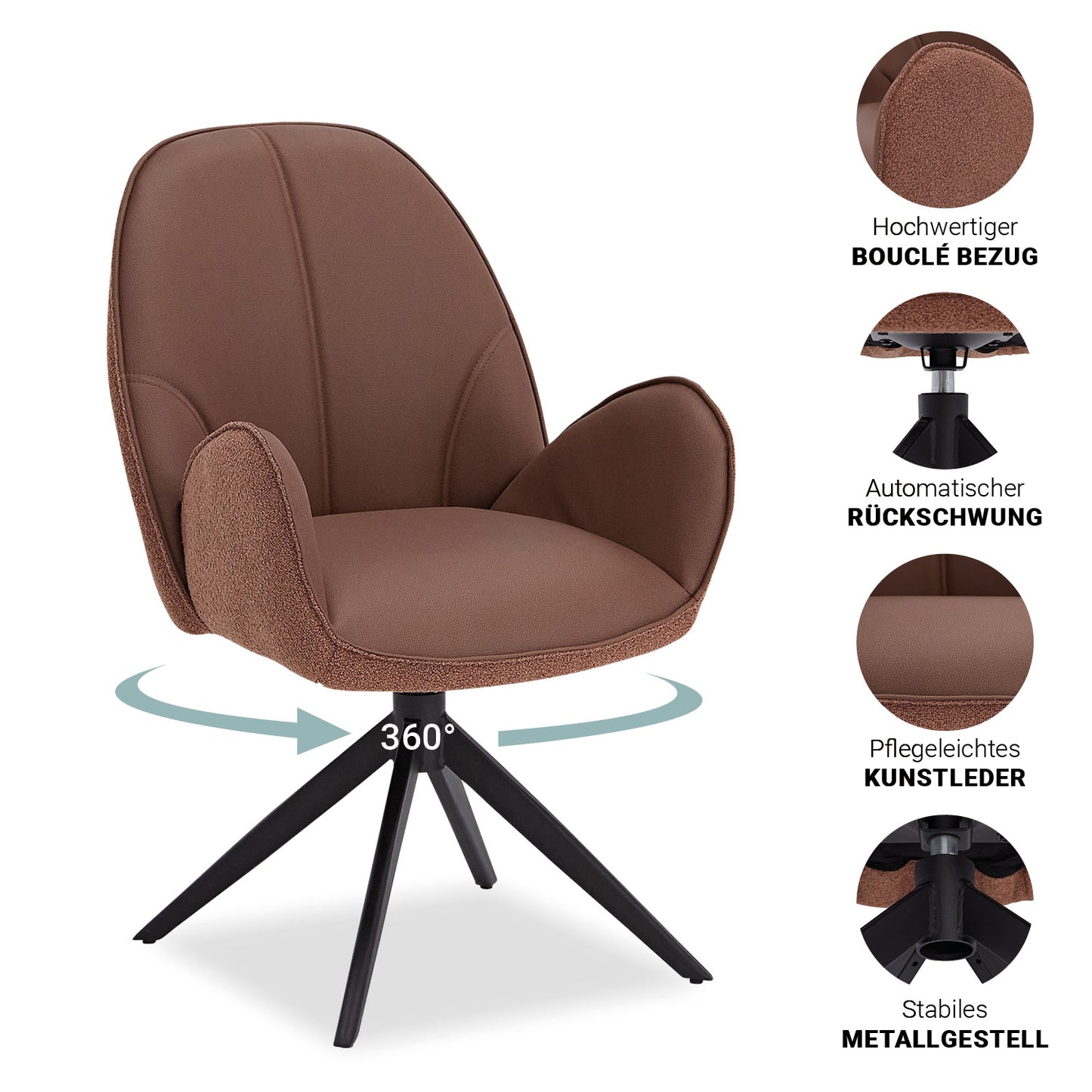 6er Set Polsterstuhl Bouclé Leder drehbar Braun