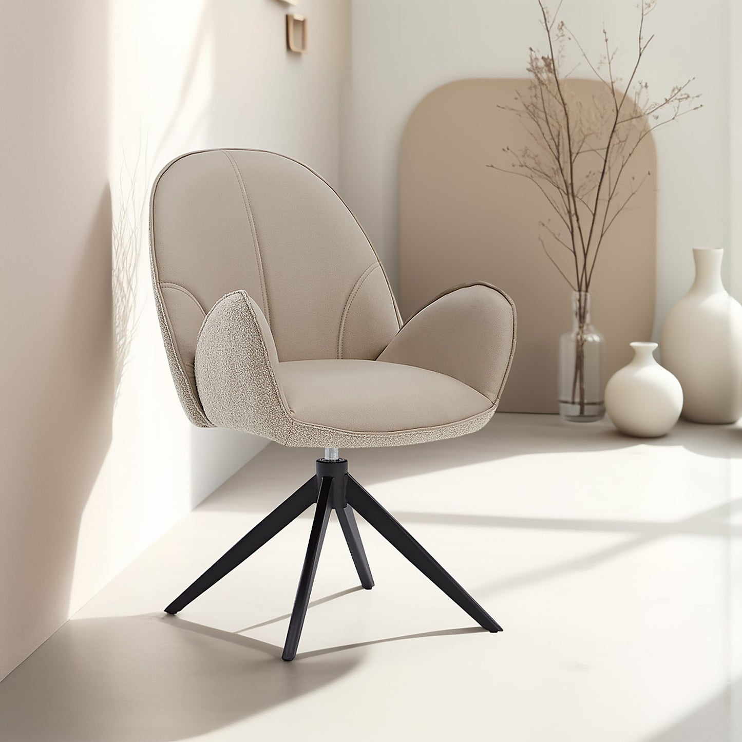 6er Set Polsterstuhl Bouclé Leder Drehbar Beige