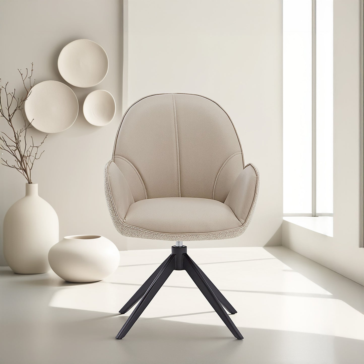 6er Set Polsterstuhl Bouclé Leder Drehbar Beige