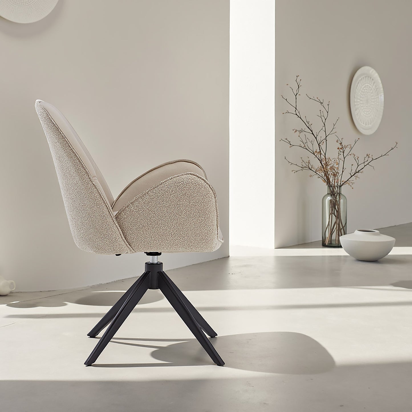 6er Set Polsterstuhl Bouclé Leder Drehbar Beige