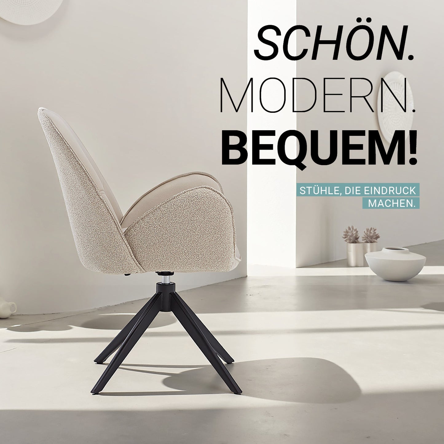 6er Set Polsterstuhl Bouclé Leder Drehbar Beige