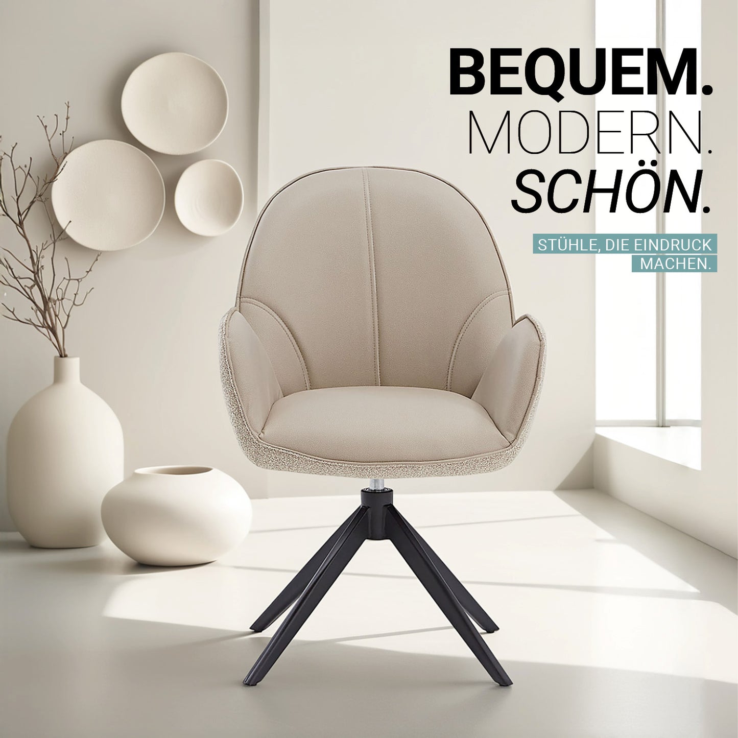 6er Set Polsterstuhl Bouclé Leder Drehbar Beige