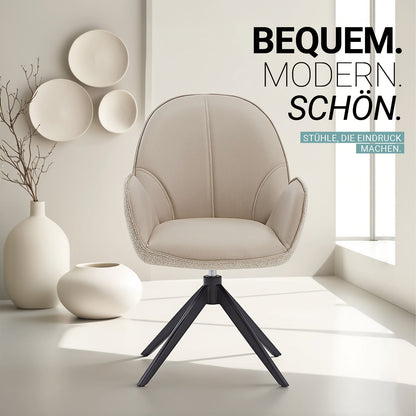 6er Set Polsterstuhl Bouclé Leder Drehbar Beige