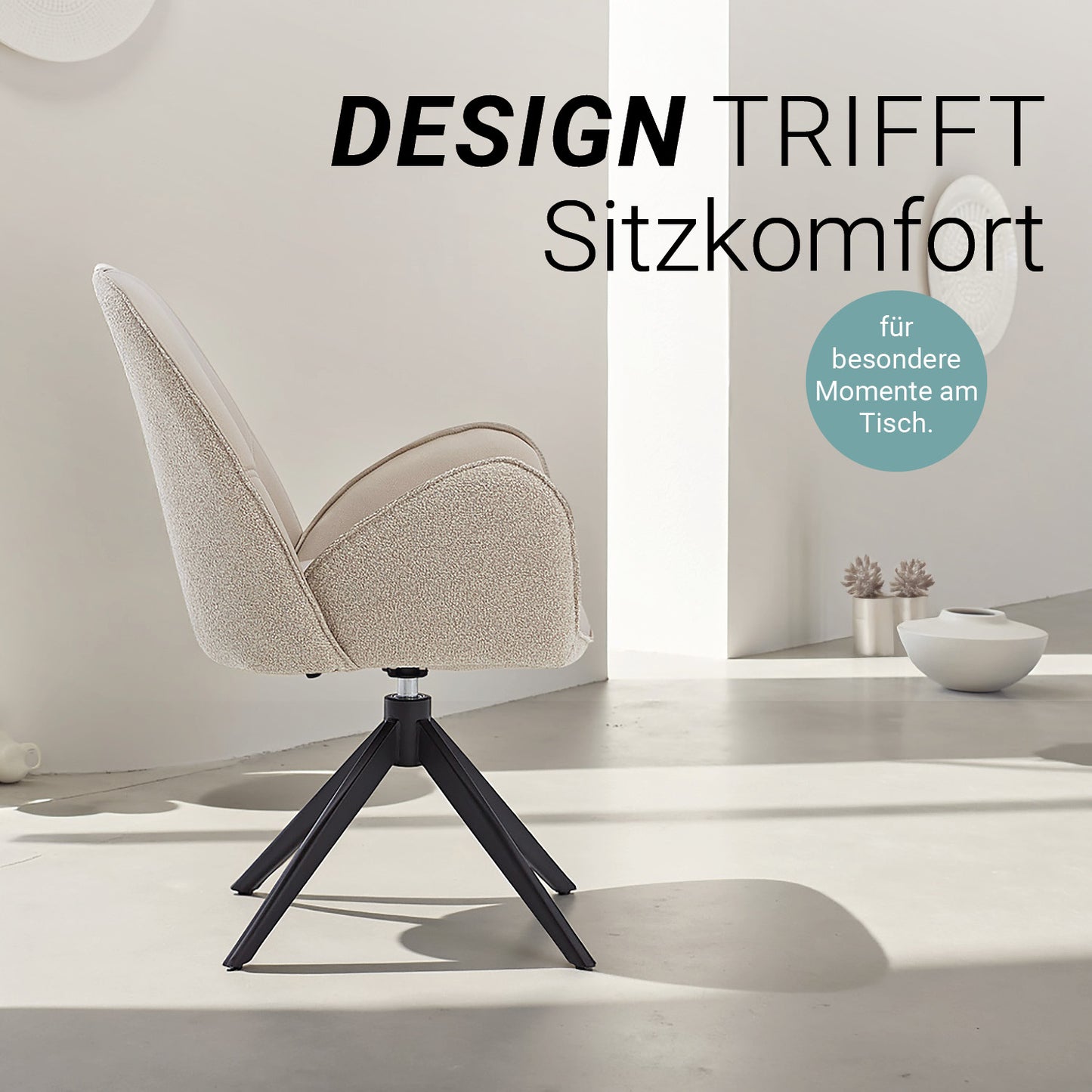 6er Set Polsterstuhl Bouclé Leder Drehbar Beige