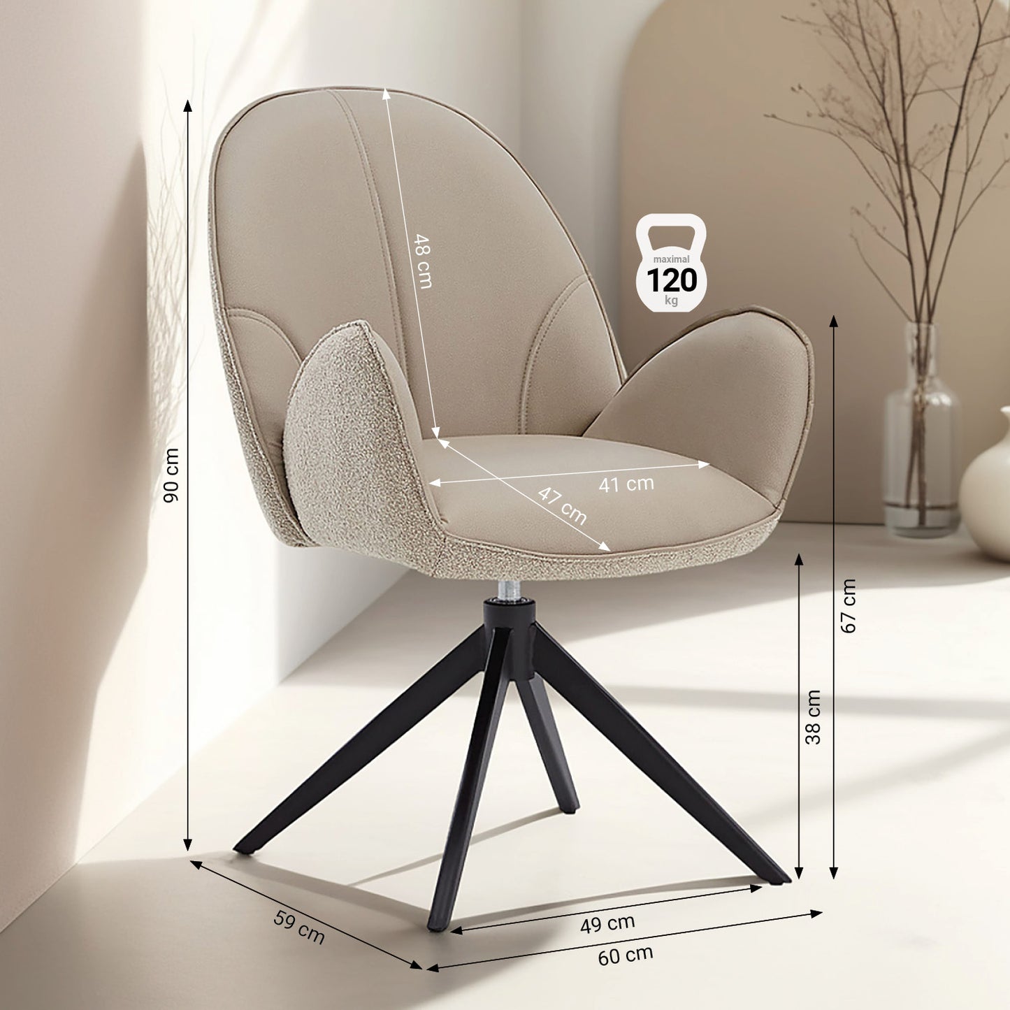 6er Set Polsterstuhl Bouclé Leder Drehbar Beige