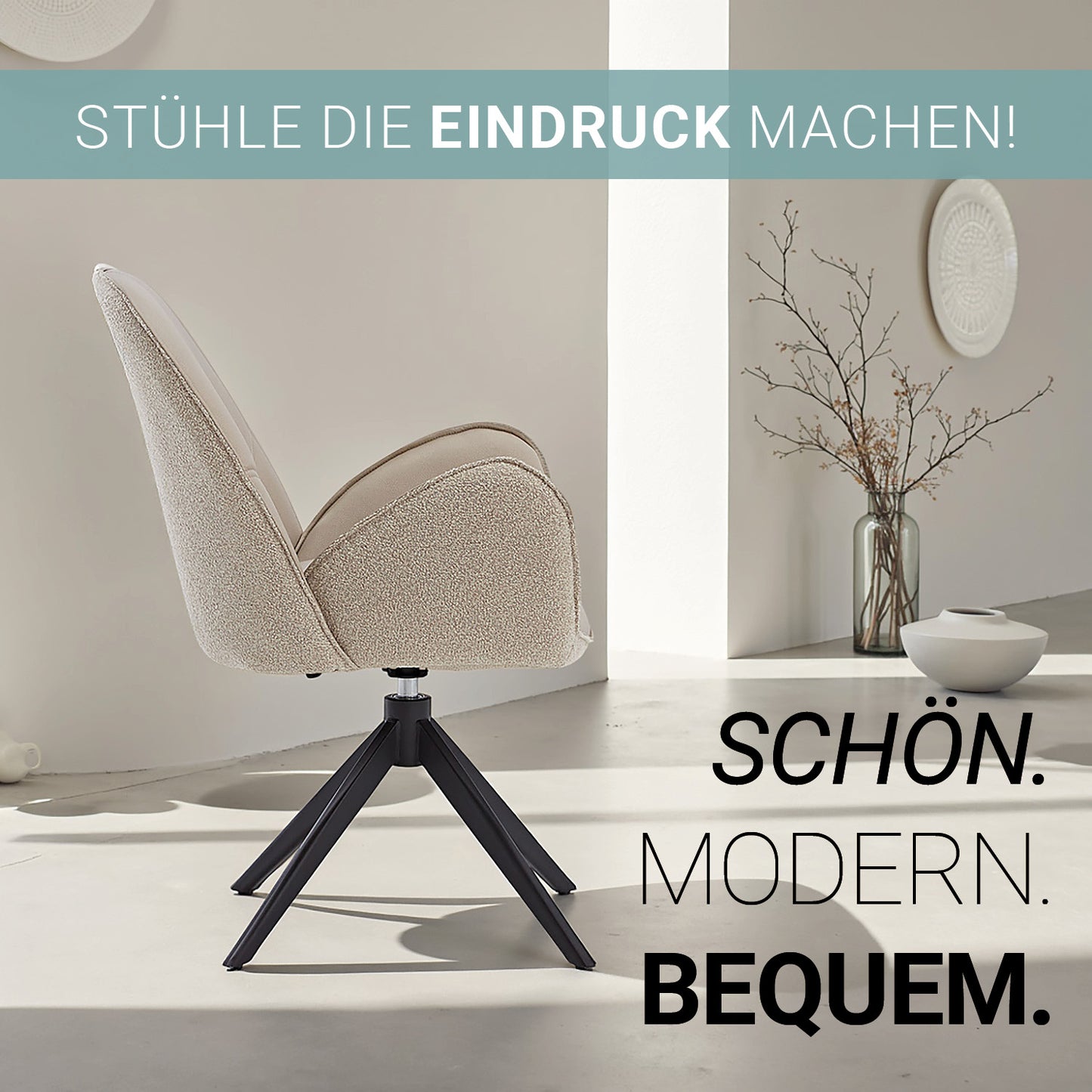 6er Set Polsterstuhl Bouclé Leder Drehbar Beige