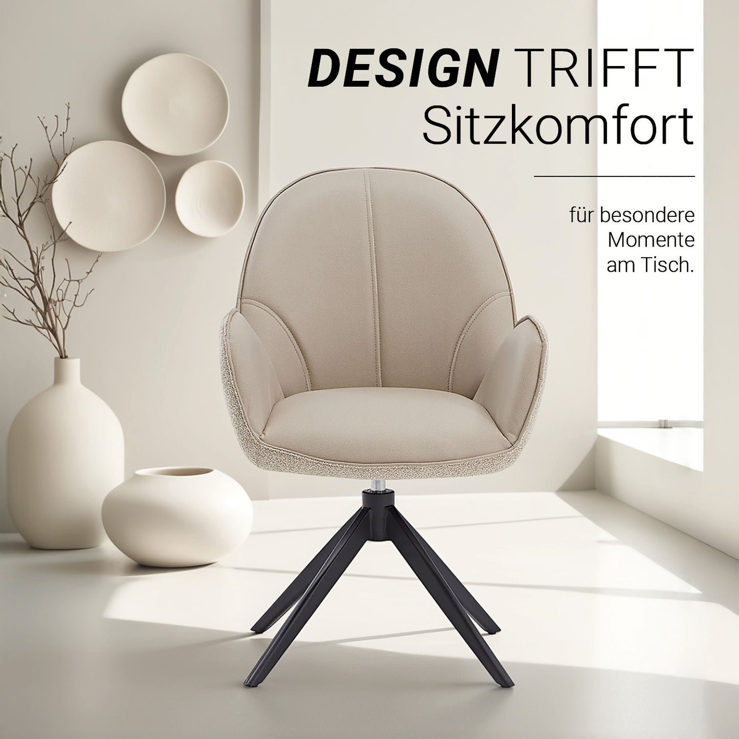 6er Set Polsterstuhl Bouclé Leder Drehbar Beige