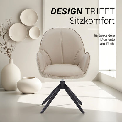 6er Set Polsterstuhl Bouclé Leder Drehbar Beige