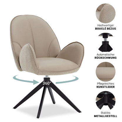6er Set Polsterstuhl Bouclé Leder Drehbar Beige