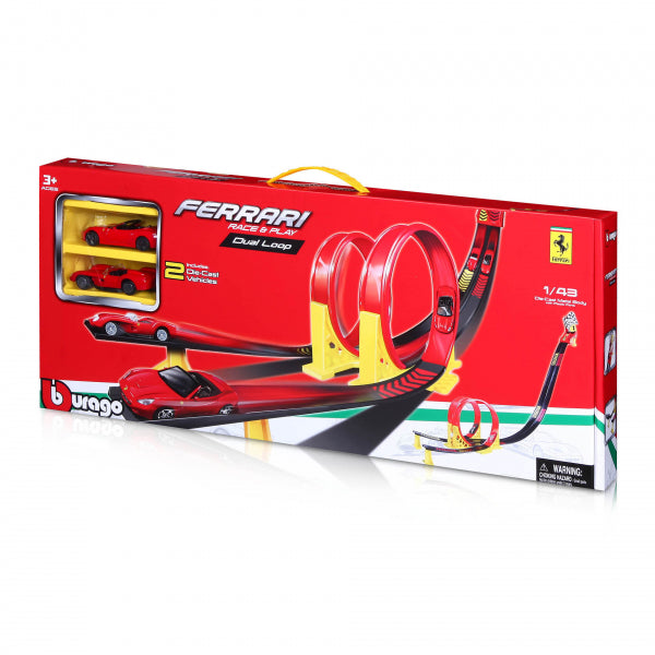 Bburago 18-31216 - Ferrari Race &amp; Play: Dual Loop incl. 2 veicoli e scatola per il trasporto, 1:43 - Modello di auto