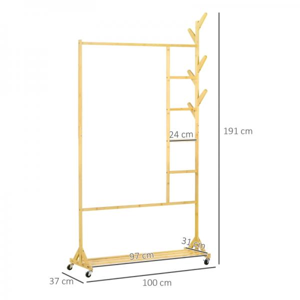 Garderobe aus Bambus, Kleiderhaken, Kleiderstange, Hosenständer, 1 Ablage, 4 Rollen, Natur