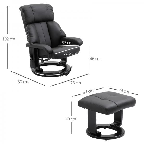 Chaise longue de relaxation avec fonction inclinable, fauteuil TV avec tabouret massage noir