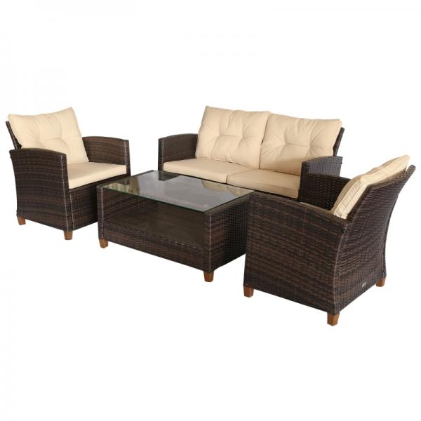 Set di mobili da giardino, 4 pezzi, 3 divani, tavolino, cuscini di seduta, struttura in alluminio, rattan artificiale, beige