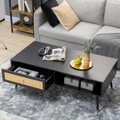 Tavolino da caffè in design boho, con 1 cassetto, 2 scomparti, elemento in rattan, nero + naturale