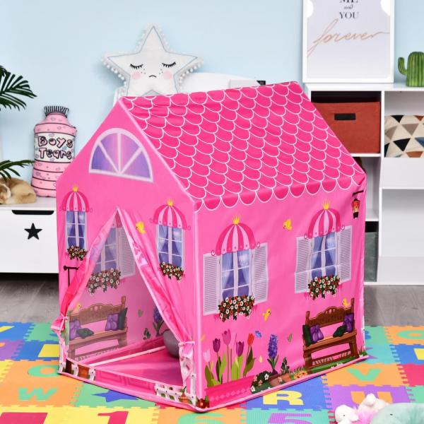 Kinderspielhaus Prinzessin Spielzelt Hausmuster 2 Türen ab 3 Jahren Rollenspiel Polyester Rosa 93 x 69 x 103 cm