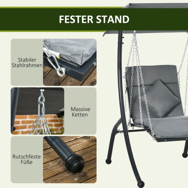 Hängeliege, neigbares Dach, inkl. Sitzauflage, Kopfkissen, Stahlrahmen, dunkelgrau - Palo24