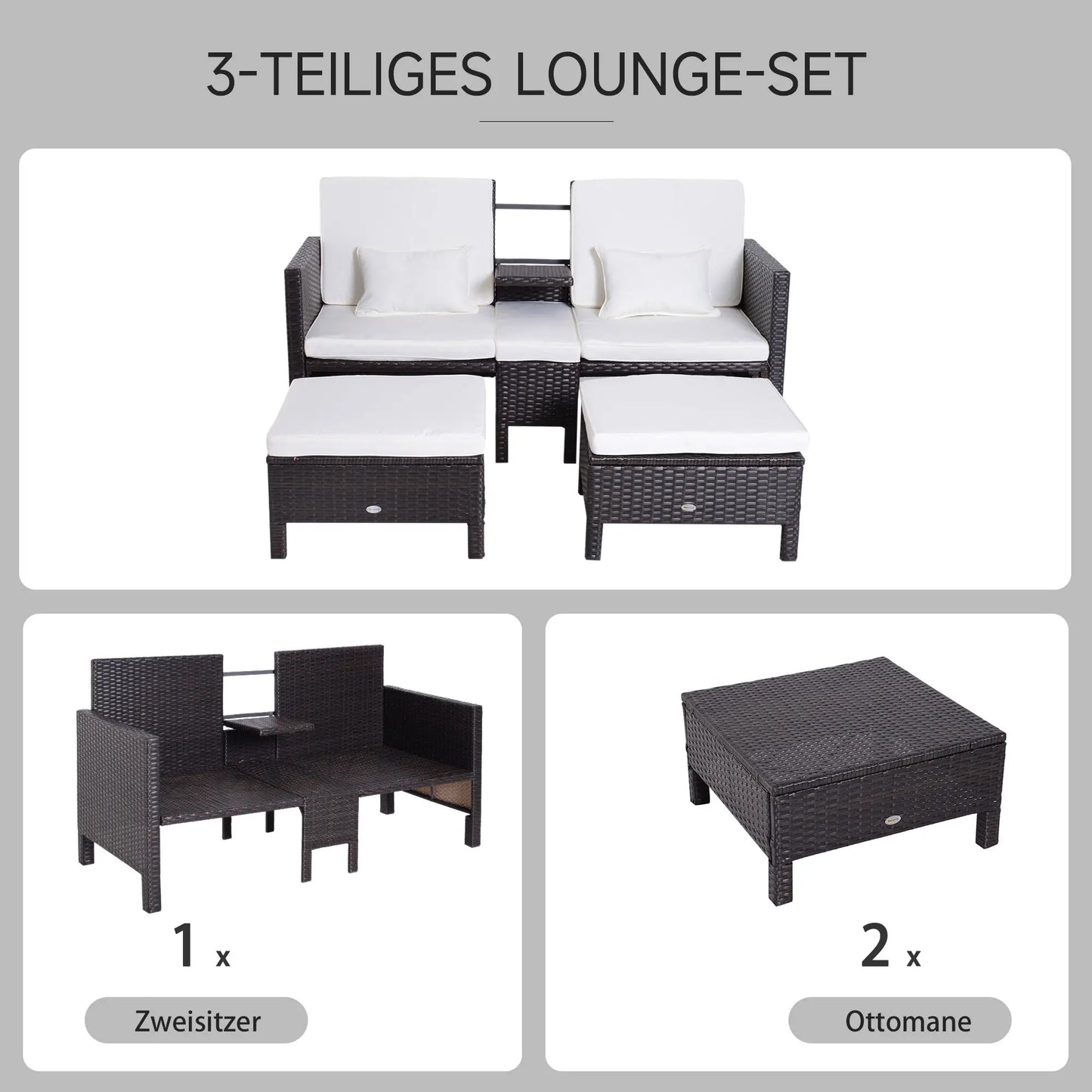 3 pièces. Salon de jardin salon de jardin salon de jardin polyrotin marron + métal