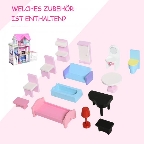 Puppenhaus aus Holz Puppenstube Barbiehaus 3 Etagen