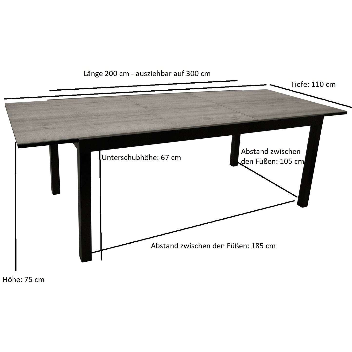 Tavolo allungabile FARO 200/300x110cm, alluminio antracite + vetro effetto ceramica grigio chiaro