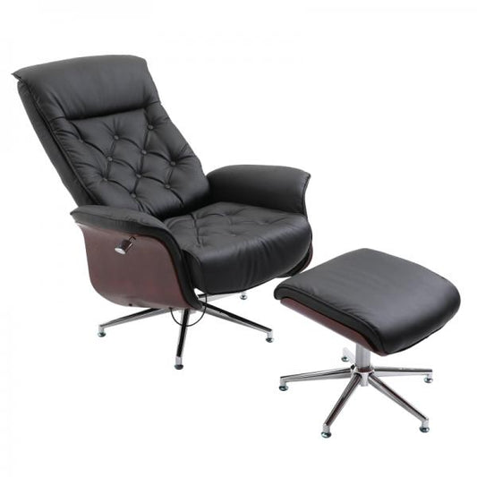 Chaise de relaxation avec tabouret, chaise TV, housse PU, lambris bois, piètement métal noir