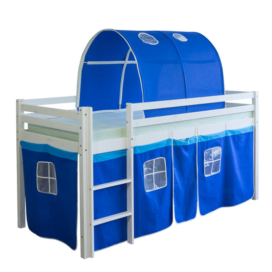 Hochbett Kinder 90x200 cm Weiss mit Vorhang in Blau | Tunnel | ohne Lattenrost