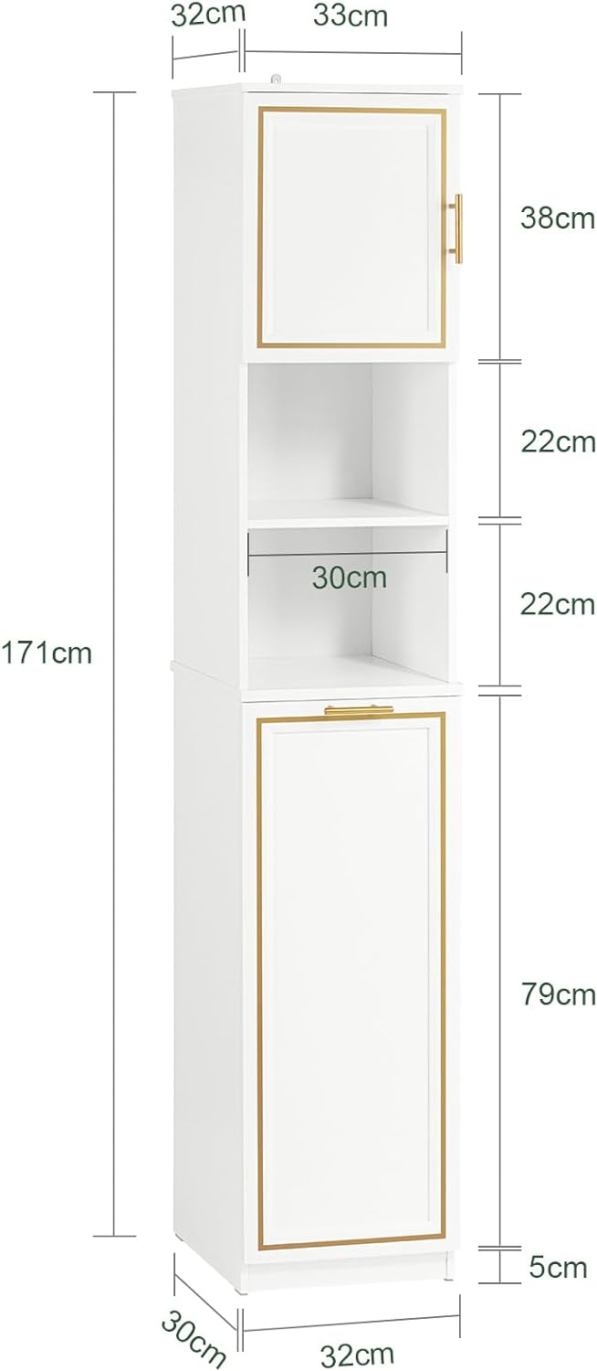 Hochschrank mit ausklappbarem Wäschesack | schmal Wäscheschrank | Badregal | Weiss BZR87-W