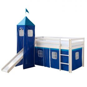 Hochbett Kinder 90x200 cm Weiss mit Vorhang in Blau | Tunnel | Turm | Rutsche | ohne Lattenrost