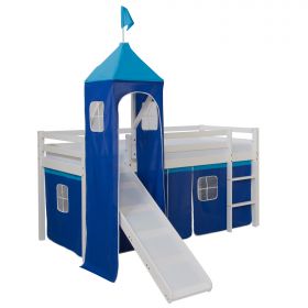 Hochbett Kinder 90x200 cm Weiss mit Vorhang in Blau | Tunnel | Turm | Rutsche | ohne Lattenrost