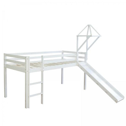 Kinderbett Hochbett Spielbett Kiefer Massiv Pirat weiss + Rutsche Turm 90x200 cm