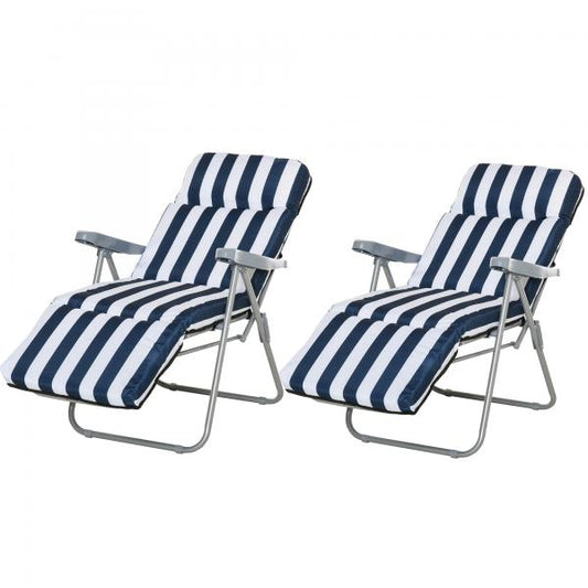 2x chaises pliantes transat accoudoir pliable bleu blanc