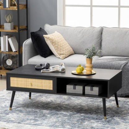 Couchtisch im Boho-Design, mit 1 Schublade, 2 Fächern, Rattan-Element, Schwarz + Natur