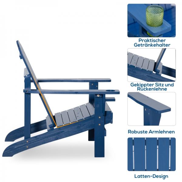 Adirondack-Gartenstuhl mit Becherhalter Gartenliege Balkonstuhl Massivholz Blau - Palo24